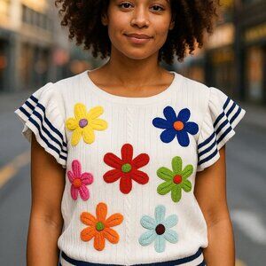 BIBI Colorful Women's Floral Crew Neck Ruffle Short Sleeve Crochet Sweater Med